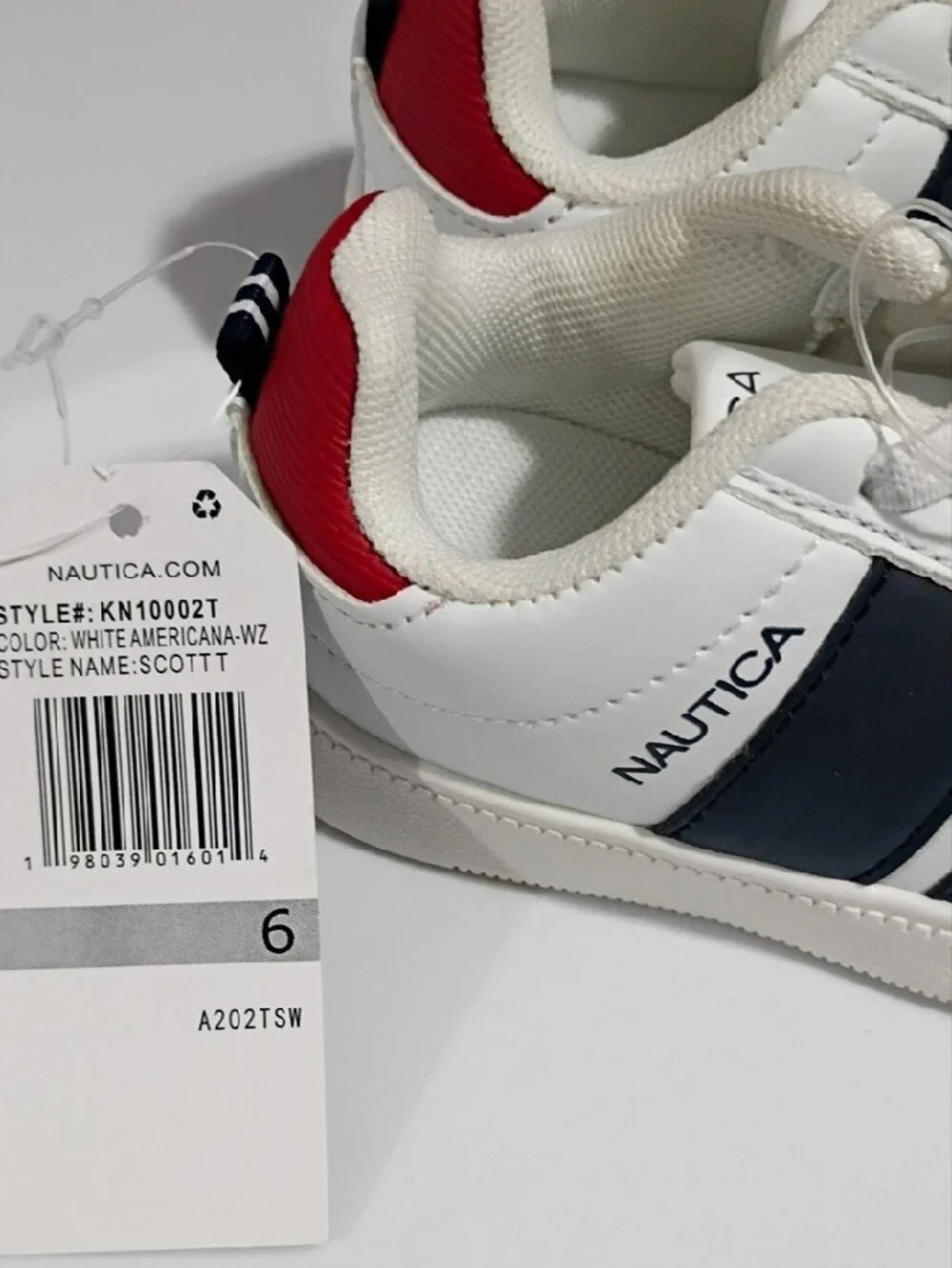 NAUTICA Kids White Sneakers with Navy Stripes and Red Heel Trim - SIZE 6 Toddler